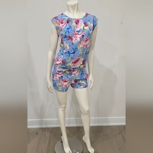 Rare Find Fever London Linen Blend Floral Blue Romper US 6